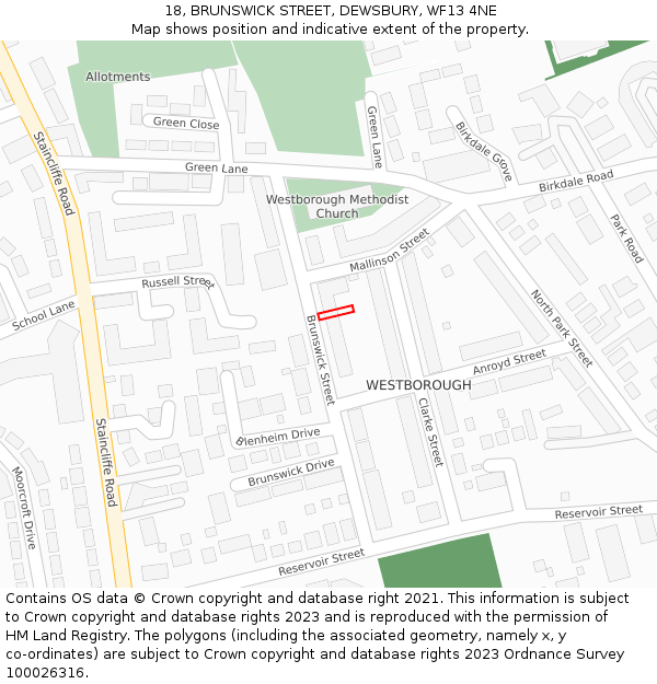 18, BRUNSWICK STREET, DEWSBURY, WF13 4NE: Location map and indicative extent of plot