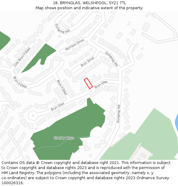 18, BRYNGLAS, WELSHPOOL, SY21 7TL: Location map and indicative extent of plot