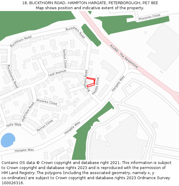 18, BUCKTHORN ROAD, HAMPTON HARGATE, PETERBOROUGH, PE7 8EE: Location map and indicative extent of plot