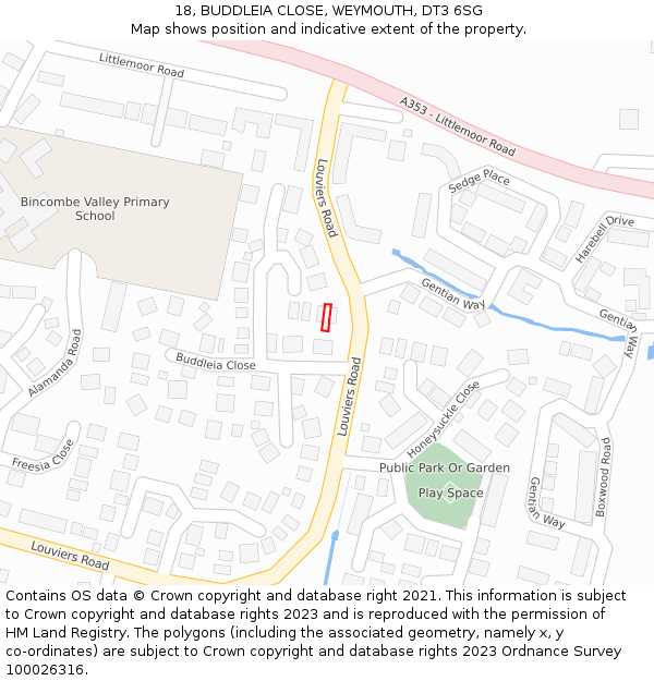 18, BUDDLEIA CLOSE, WEYMOUTH, DT3 6SG: Location map and indicative extent of plot