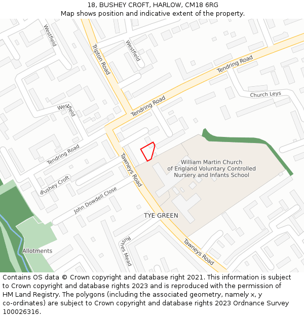 18, BUSHEY CROFT, HARLOW, CM18 6RG: Location map and indicative extent of plot