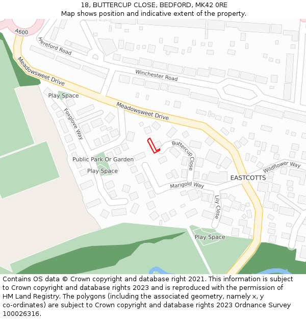 18, BUTTERCUP CLOSE, BEDFORD, MK42 0RE: Location map and indicative extent of plot