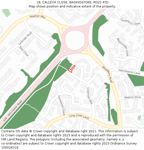 18, CALLEVA CLOSE, BASINGSTOKE, RG22 4TD: Location map and indicative extent of plot