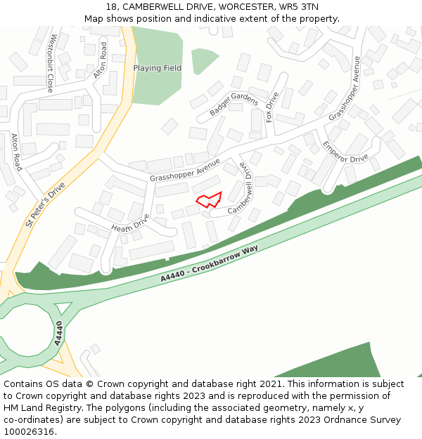 18, CAMBERWELL DRIVE, WORCESTER, WR5 3TN: Location map and indicative extent of plot
