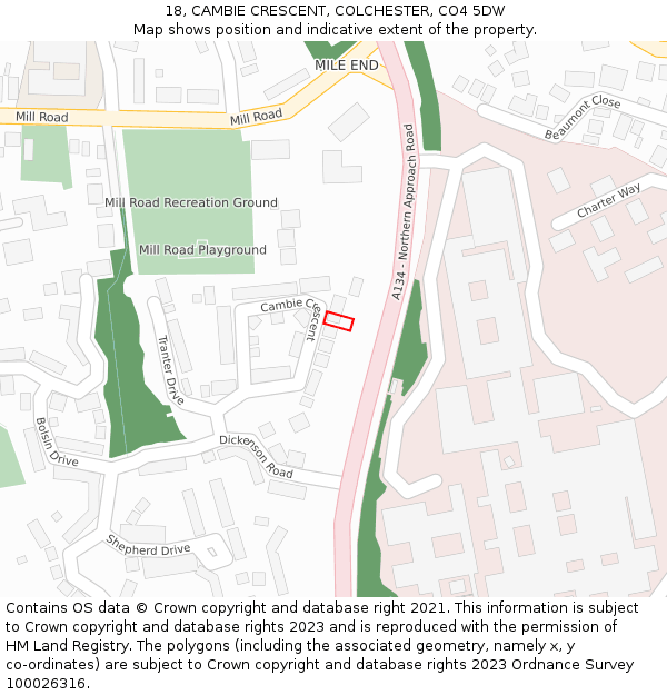 18, CAMBIE CRESCENT, COLCHESTER, CO4 5DW: Location map and indicative extent of plot