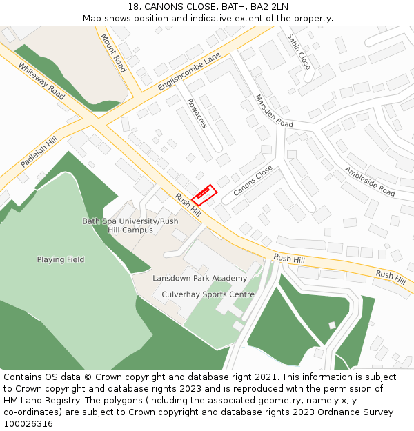 18, CANONS CLOSE, BATH, BA2 2LN: Location map and indicative extent of plot