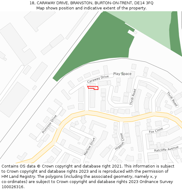 18, CARAWAY DRIVE, BRANSTON, BURTON-ON-TRENT, DE14 3FQ: Location map and indicative extent of plot
