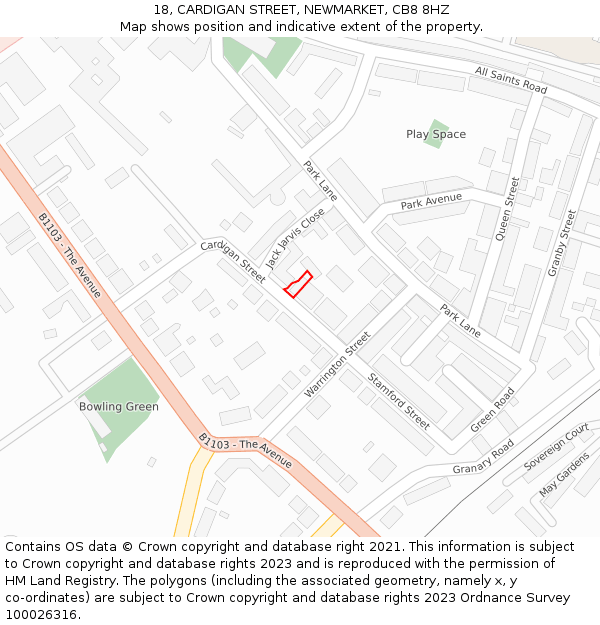 18, CARDIGAN STREET, NEWMARKET, CB8 8HZ: Location map and indicative extent of plot