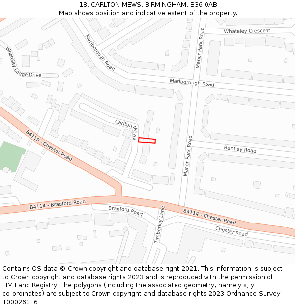 18, CARLTON MEWS, BIRMINGHAM, B36 0AB: Location map and indicative extent of plot