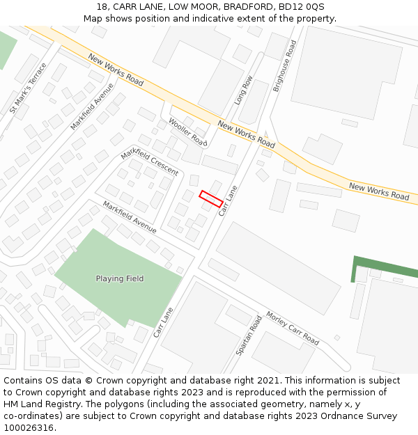 18, CARR LANE, LOW MOOR, BRADFORD, BD12 0QS: Location map and indicative extent of plot