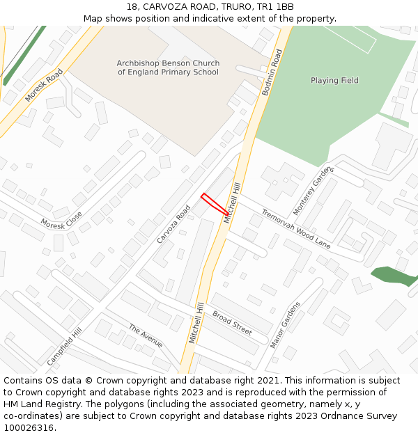 18, CARVOZA ROAD, TRURO, TR1 1BB: Location map and indicative extent of plot