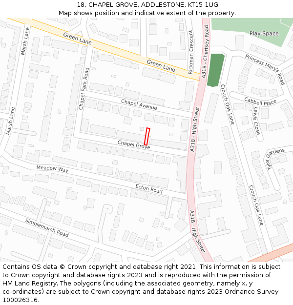 18, CHAPEL GROVE, ADDLESTONE, KT15 1UG: Location map and indicative extent of plot