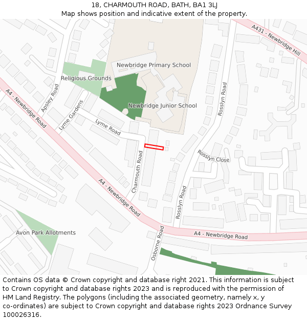 18, CHARMOUTH ROAD, BATH, BA1 3LJ: Location map and indicative extent of plot