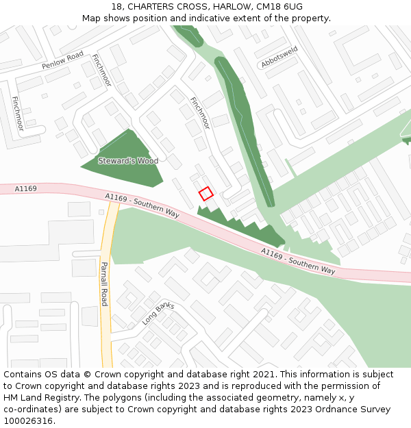 18, CHARTERS CROSS, HARLOW, CM18 6UG: Location map and indicative extent of plot