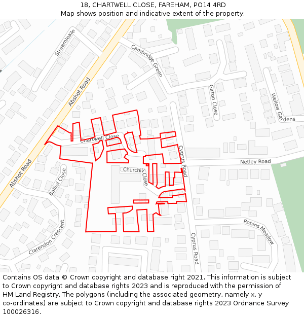 18, CHARTWELL CLOSE, FAREHAM, PO14 4RD: Location map and indicative extent of plot