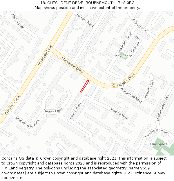 18, CHESILDENE DRIVE, BOURNEMOUTH, BH8 0BG: Location map and indicative extent of plot