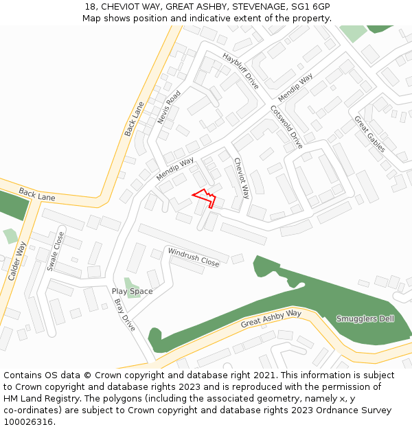 18, CHEVIOT WAY, GREAT ASHBY, STEVENAGE, SG1 6GP: Location map and indicative extent of plot