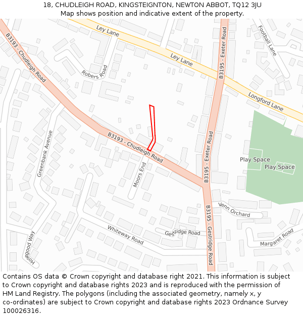 18, CHUDLEIGH ROAD, KINGSTEIGNTON, NEWTON ABBOT, TQ12 3JU: Location map and indicative extent of plot