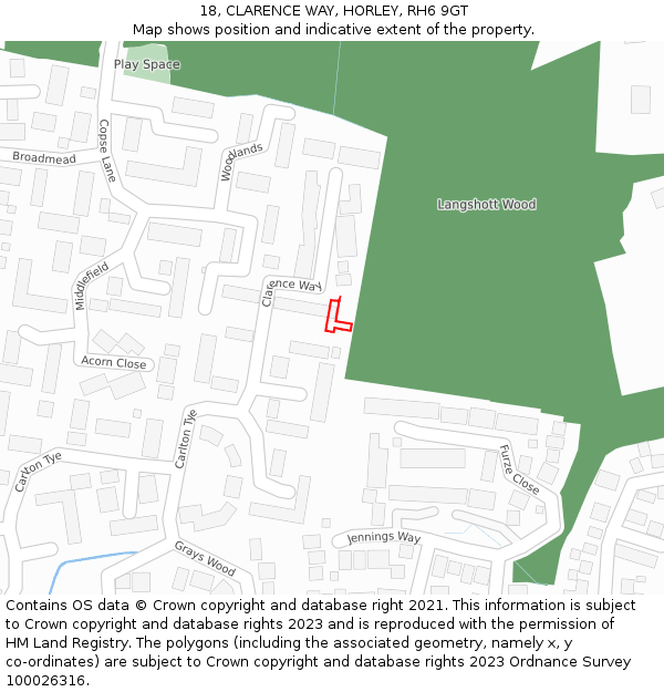 18, CLARENCE WAY, HORLEY, RH6 9GT: Location map and indicative extent of plot