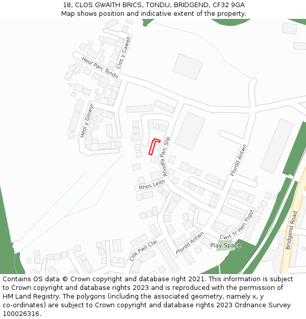 18, CLOS GWAITH BRICS, TONDU, BRIDGEND, CF32 9GA: Location map and indicative extent of plot