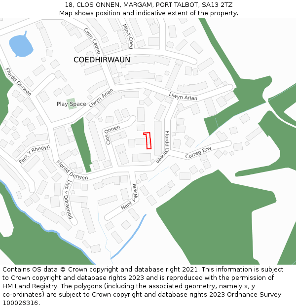 18, CLOS ONNEN, MARGAM, PORT TALBOT, SA13 2TZ: Location map and indicative extent of plot