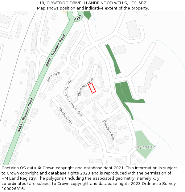 18, CLYWEDOG DRIVE, LLANDRINDOD WELLS, LD1 5BZ: Location map and indicative extent of plot