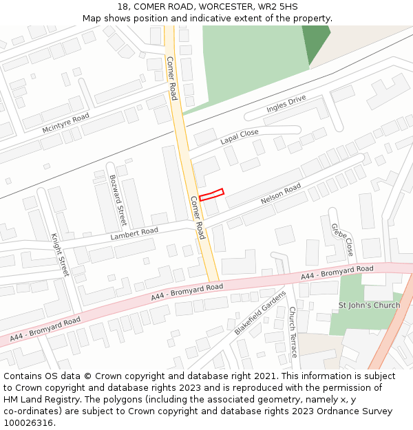 18, COMER ROAD, WORCESTER, WR2 5HS: Location map and indicative extent of plot