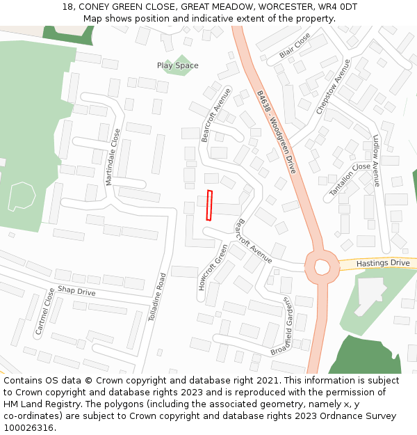 18, CONEY GREEN CLOSE, GREAT MEADOW, WORCESTER, WR4 0DT: Location map and indicative extent of plot