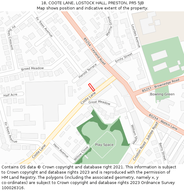 18, COOTE LANE, LOSTOCK HALL, PRESTON, PR5 5JB: Location map and indicative extent of plot
