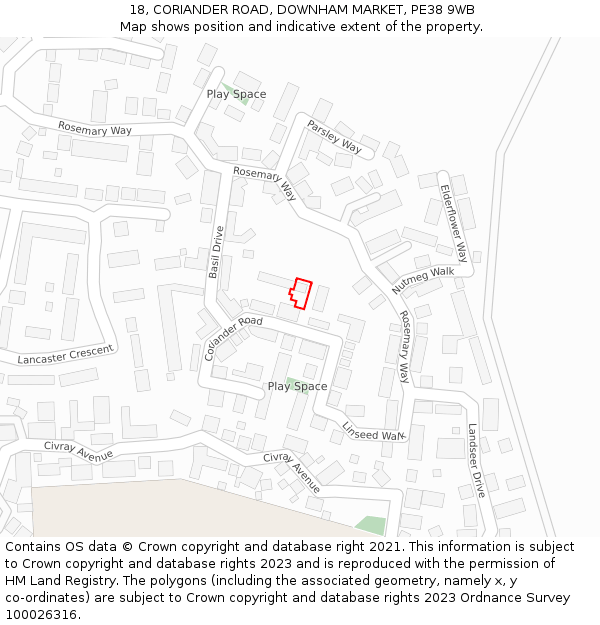 18, CORIANDER ROAD, DOWNHAM MARKET, PE38 9WB: Location map and indicative extent of plot
