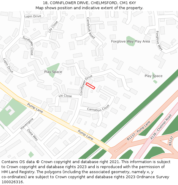 18, CORNFLOWER DRIVE, CHELMSFORD, CM1 6XY: Location map and indicative extent of plot