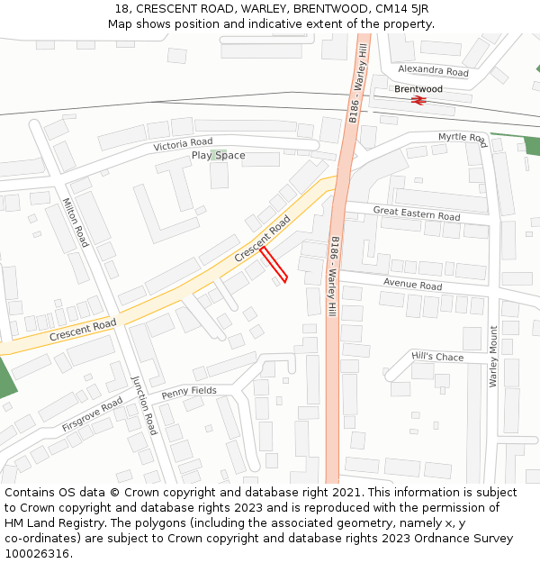 18, CRESCENT ROAD, WARLEY, BRENTWOOD, CM14 5JR: Location map and indicative extent of plot
