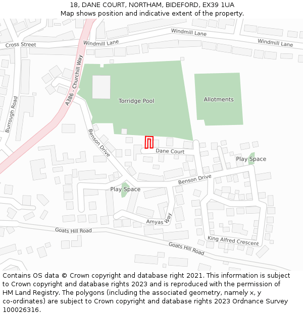 18, DANE COURT, NORTHAM, BIDEFORD, EX39 1UA: Location map and indicative extent of plot