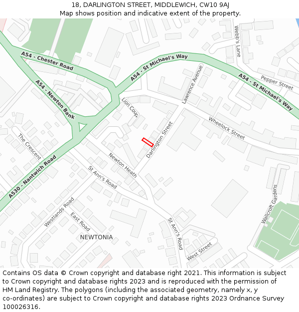 18, DARLINGTON STREET, MIDDLEWICH, CW10 9AJ: Location map and indicative extent of plot