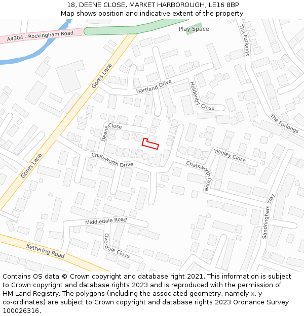 18, DEENE CLOSE, MARKET HARBOROUGH, LE16 8BP: Location map and indicative extent of plot
