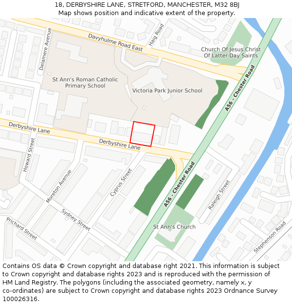 18, DERBYSHIRE LANE, STRETFORD, MANCHESTER, M32 8BJ: Location map and indicative extent of plot