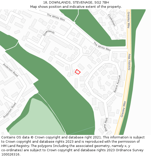 18, DOWNLANDS, STEVENAGE, SG2 7BH: Location map and indicative extent of plot