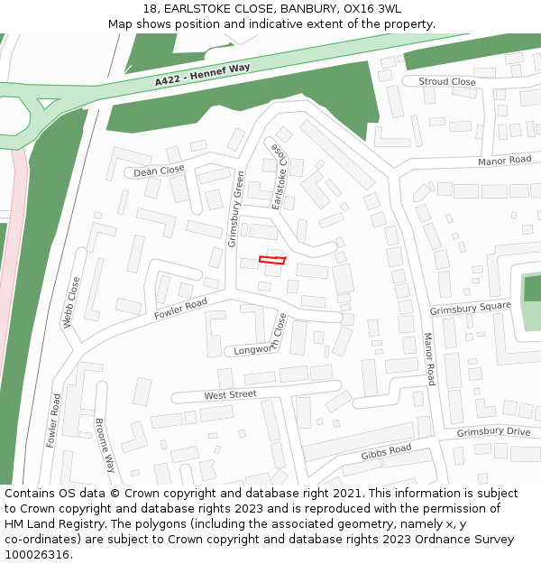 18, EARLSTOKE CLOSE, BANBURY, OX16 3WL: Location map and indicative extent of plot