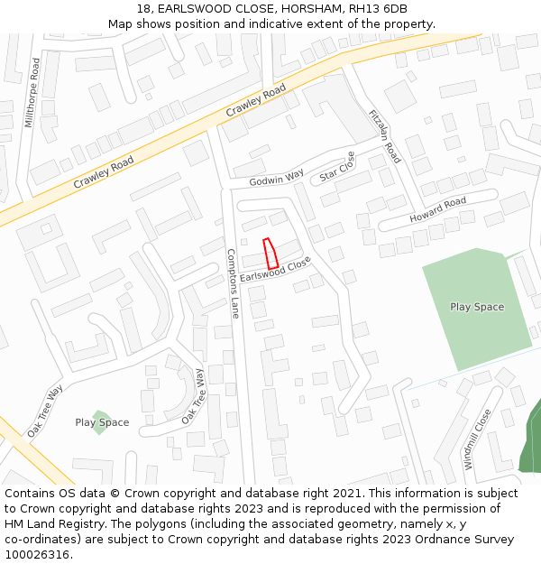 18, EARLSWOOD CLOSE, HORSHAM, RH13 6DB: Location map and indicative extent of plot