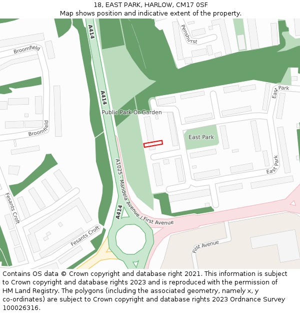 18, EAST PARK, HARLOW, CM17 0SF: Location map and indicative extent of plot