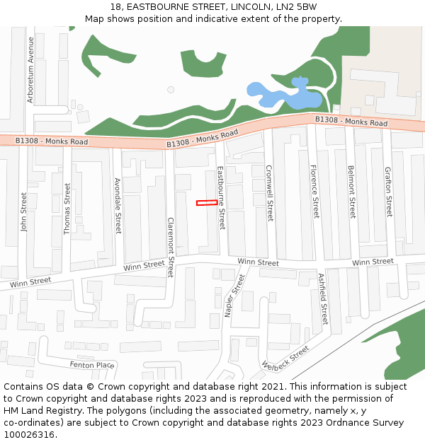 18, EASTBOURNE STREET, LINCOLN, LN2 5BW: Location map and indicative extent of plot