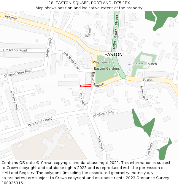 18, EASTON SQUARE, PORTLAND, DT5 1BX: Location map and indicative extent of plot
