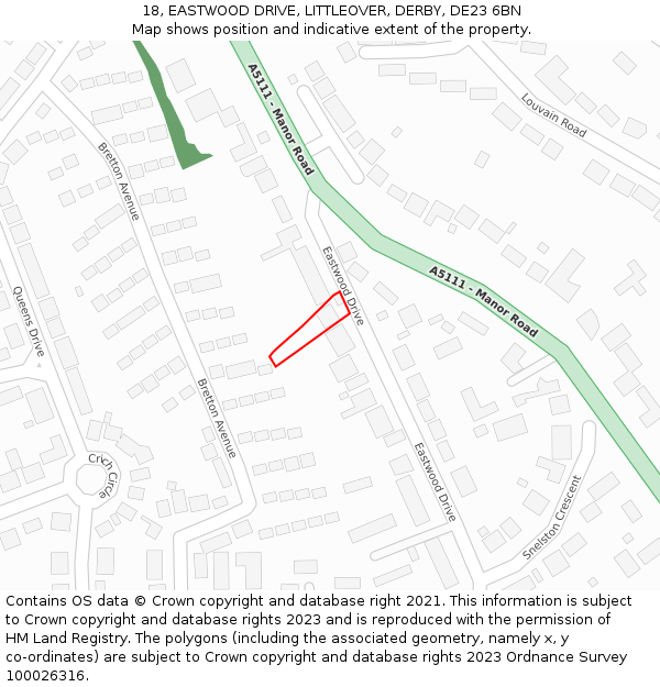 18, EASTWOOD DRIVE, LITTLEOVER, DERBY, DE23 6BN: Location map and indicative extent of plot