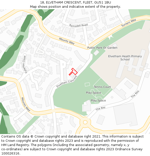 18, ELVETHAM CRESCENT, FLEET, GU51 1BU: Location map and indicative extent of plot