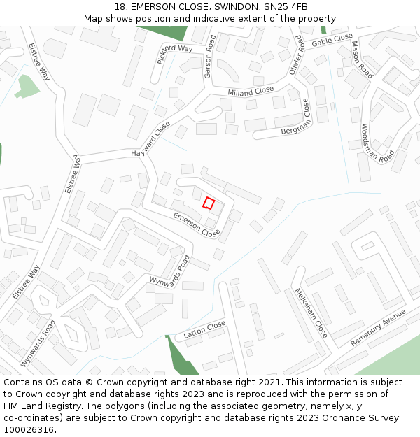 18, EMERSON CLOSE, SWINDON, SN25 4FB: Location map and indicative extent of plot