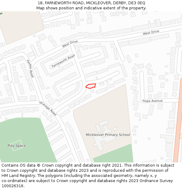 18, FARNEWORTH ROAD, MICKLEOVER, DERBY, DE3 0EQ: Location map and indicative extent of plot