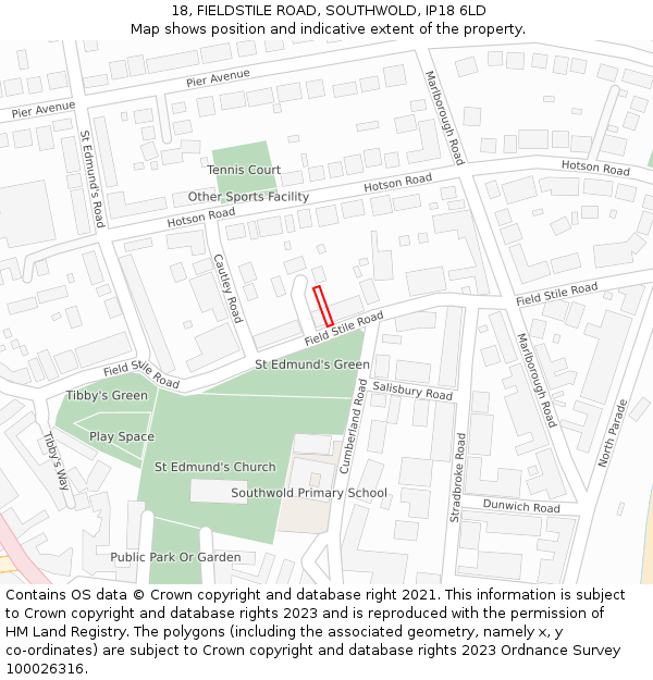 18, FIELDSTILE ROAD, SOUTHWOLD, IP18 6LD: Location map and indicative extent of plot