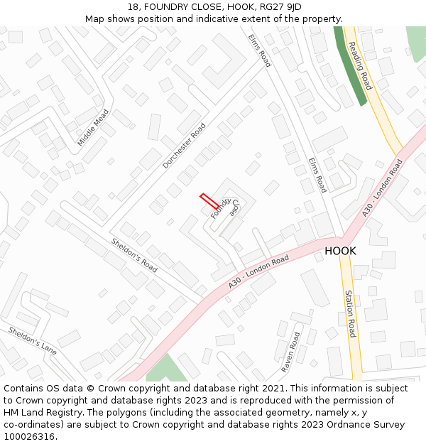 18, FOUNDRY CLOSE, HOOK, RG27 9JD: Location map and indicative extent of plot