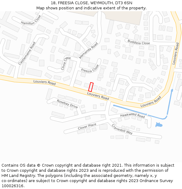 18, FREESIA CLOSE, WEYMOUTH, DT3 6SN: Location map and indicative extent of plot