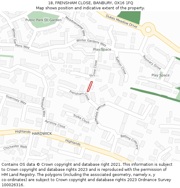 18, FRENSHAM CLOSE, BANBURY, OX16 1FQ: Location map and indicative extent of plot